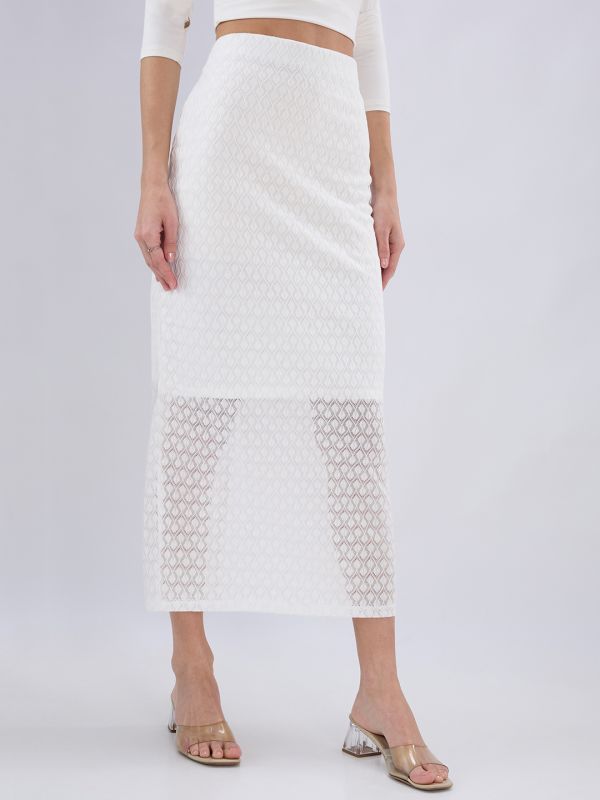 Globus Women White Mid Rise Self Design Lace Midi Pencil Party Skirt