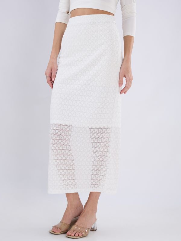 Globus Women White Mid Rise Self Design Lace Midi Pencil Party Skirt