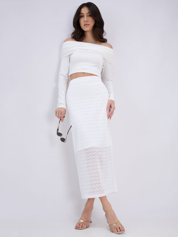 Globus Women White Mid Rise Self Design Lace Midi Pencil Party Skirt