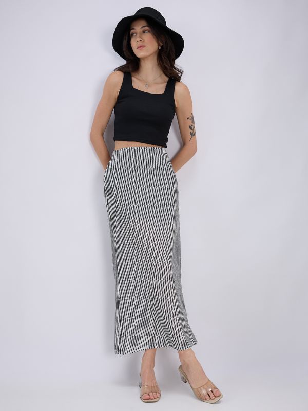 Globus Women White Mid Rise Self Design Striped Pattern Crochet Flared Midi Skirt