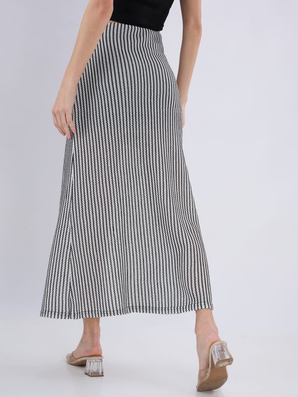 Globus Women White Mid Rise Self Design Striped Pattern Crochet Flared Midi Skirt
