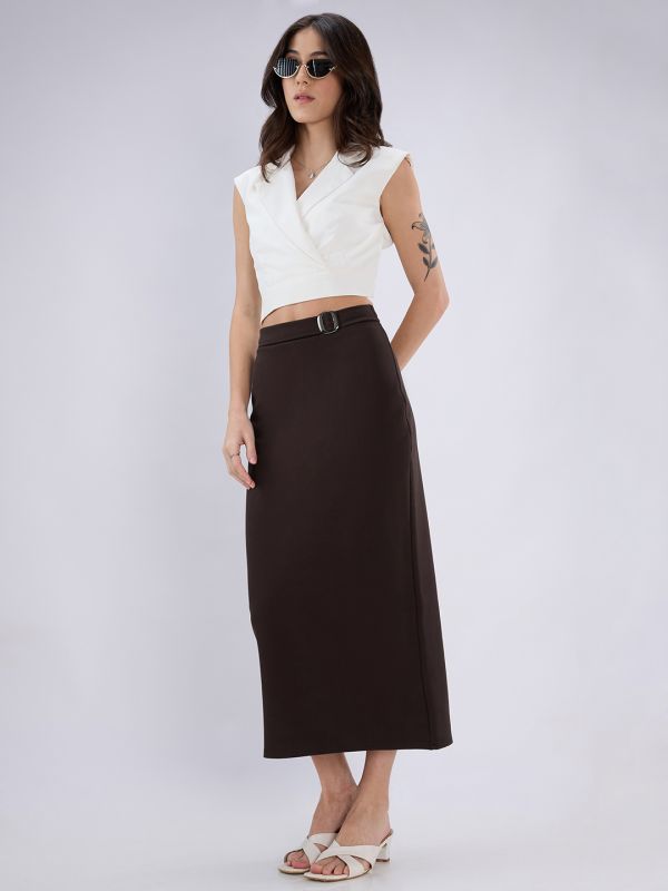 Globus Women Brown Mid Rise Back Slit Pencil Midi Workwear Skirt
