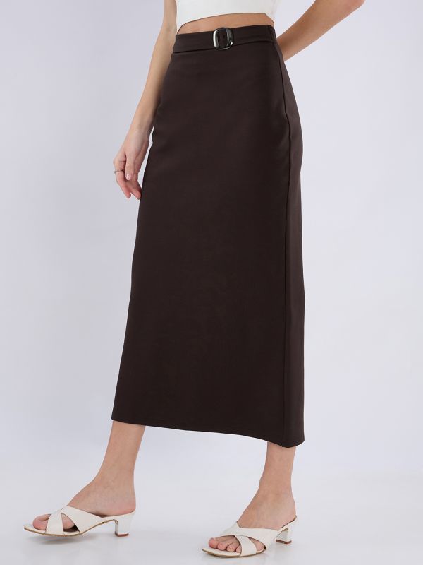Globus Women Brown Mid Rise Back Slit Pencil Midi Workwear Skirt