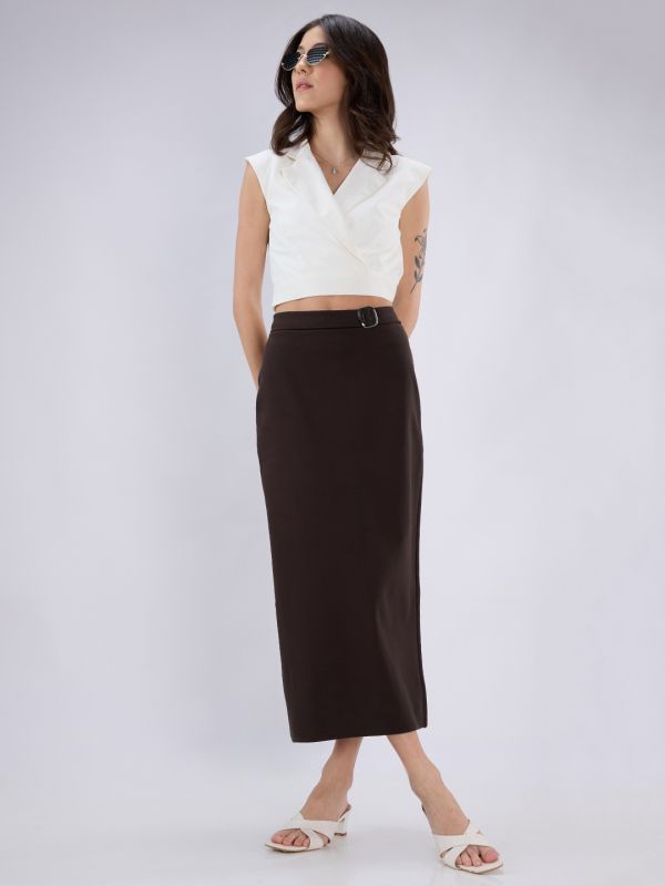 Globus Women Brown Mid Rise Back Slit Pencil Midi Workwear Skirt
