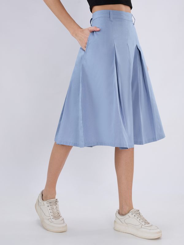Globus Women Blue Mid Rise Pleated Flared Midi Skirt with Belt Loops