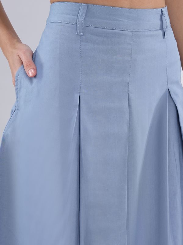 Globus Women Blue Mid Rise Pleated Flared Midi Skirt with Belt Loops