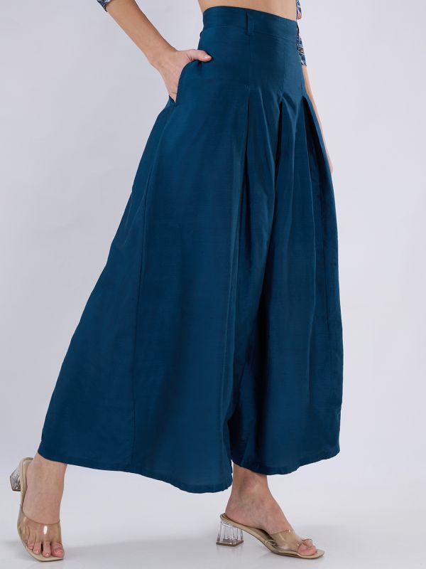 Globus Women Teal High Rise Pleated Flared Maxi Skirt with Belt Loops