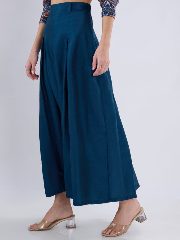 Globus Women Teal High Rise Pleated Flared Maxi Skirt with Belt Loops