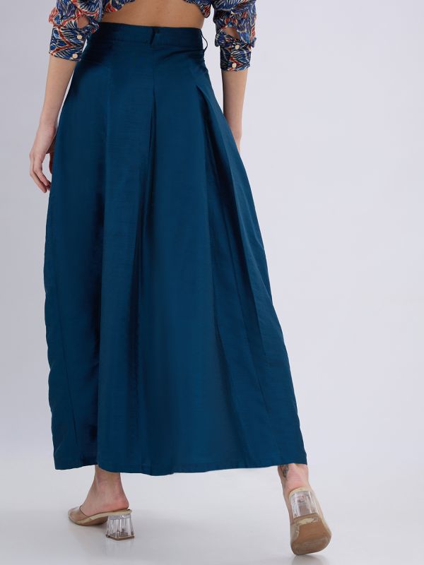 Globus Women Teal High Rise Pleated Flared Maxi Skirt with Belt Loops