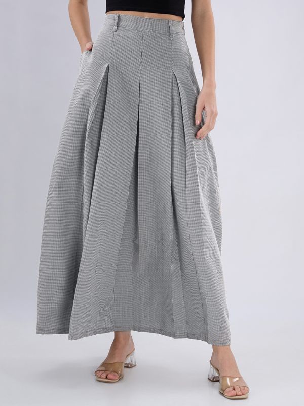 Globus Women Black Micro Checks Printed High Rise Pleated Flared Maxi Skirt with Belt Loops