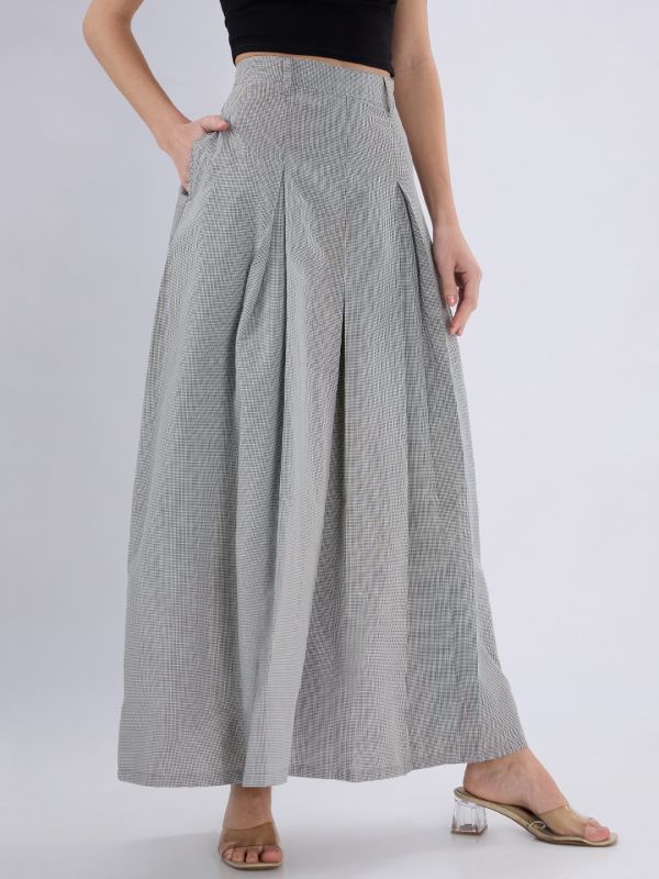 Globus Women Black Micro Checks Printed High Rise Pleated Flared Maxi Skirt with Belt Loops
