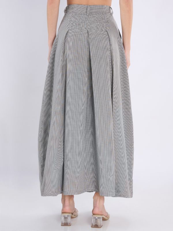 Globus Women Black Micro Checks Printed High Rise Pleated Flared Maxi Skirt with Belt Loops