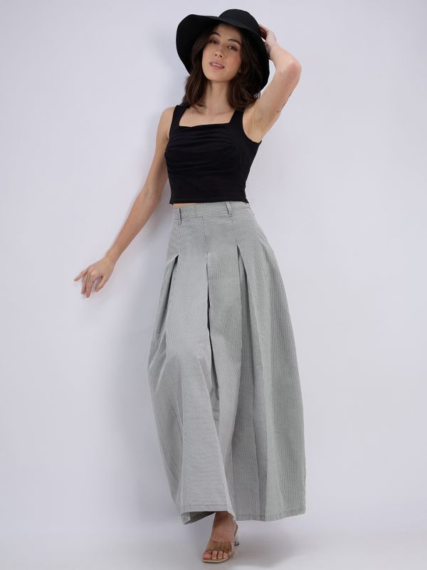 Globus Women Black Micro Checks Printed High Rise Pleated Flared Maxi Skirt with Belt Loops