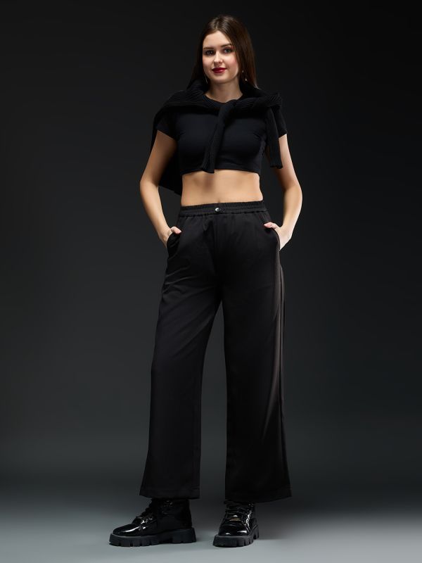 Globus Women Black Mid-Rise Pleated Detail Straight Fit Wide Leg Workwear Trousers