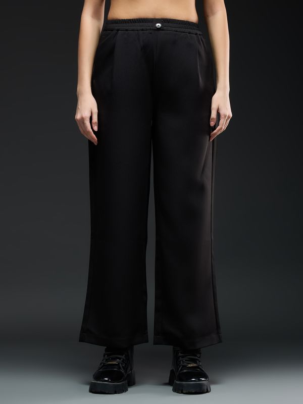 Globus Women Black Mid-Rise Pleated Detail Straight Fit Wide Leg Workwear Trousers