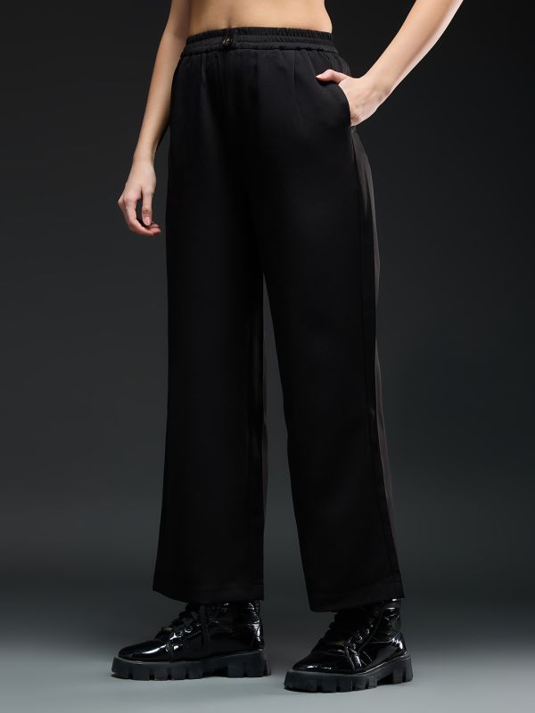 Globus Women Black Mid-Rise Pleated Detail Straight Fit Wide Leg Workwear Trousers