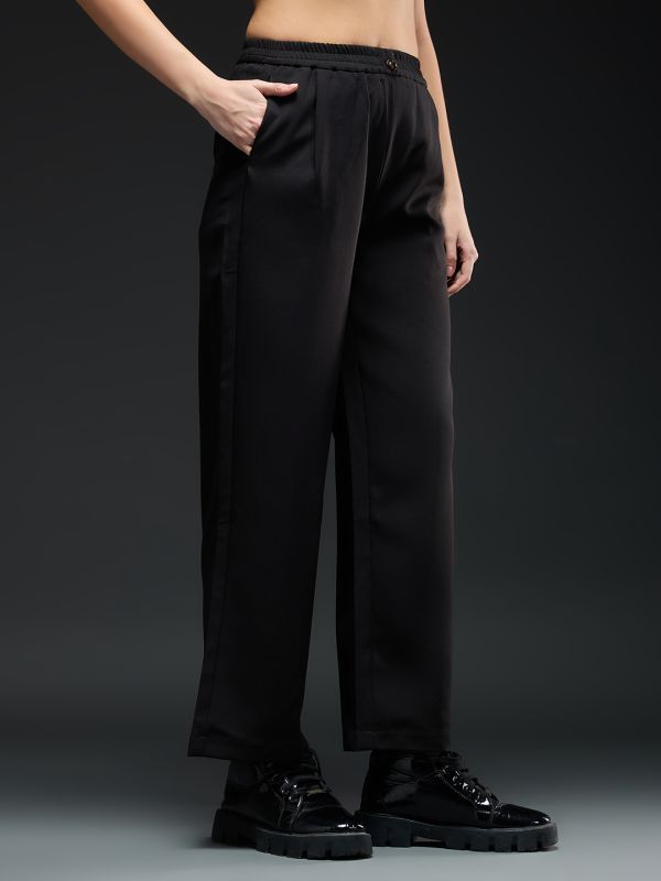 Globus Women Black Mid-Rise Pleated Detail Straight Fit Wide Leg Workwear Trousers