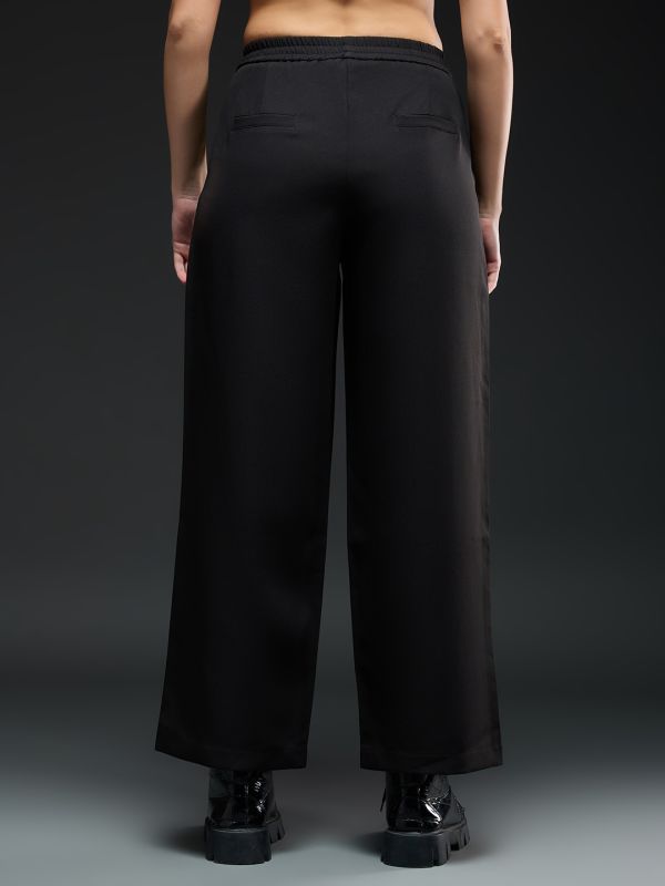Globus Women Black Mid-Rise Pleated Detail Straight Fit Wide Leg Workwear Trousers