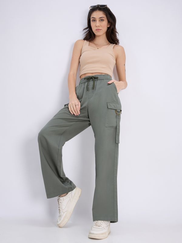 Globus Women Olive Mid Rise Elasticated Waist Wide Leg Cargo Trousers
