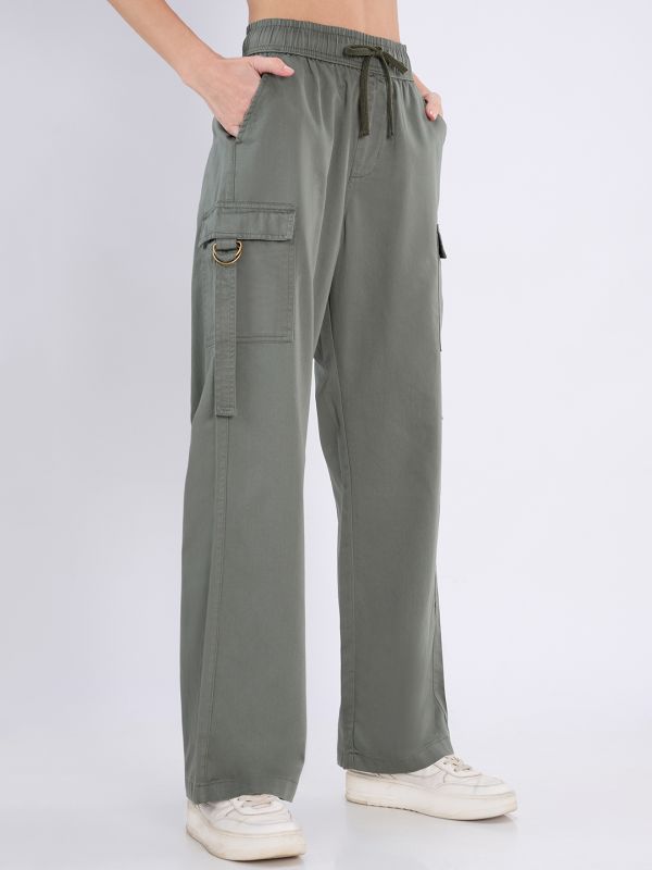 Globus Women Olive Mid Rise Elasticated Waist Wide Leg Cargo Trousers
