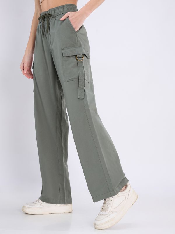 Globus Women Olive Mid Rise Elasticated Waist Wide Leg Cargo Trousers