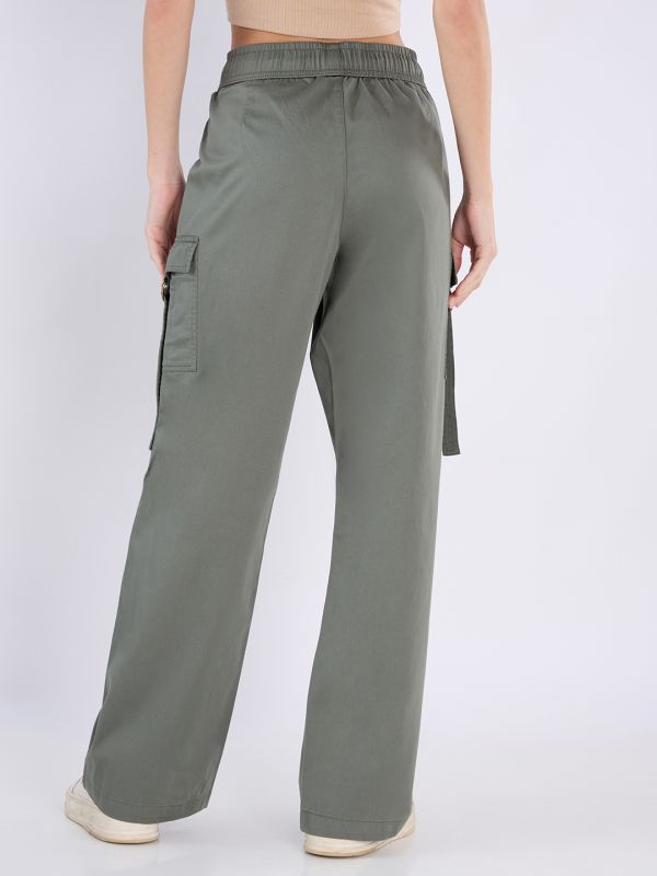 Globus Women Olive Mid Rise Elasticated Waist Wide Leg Cargo Trousers