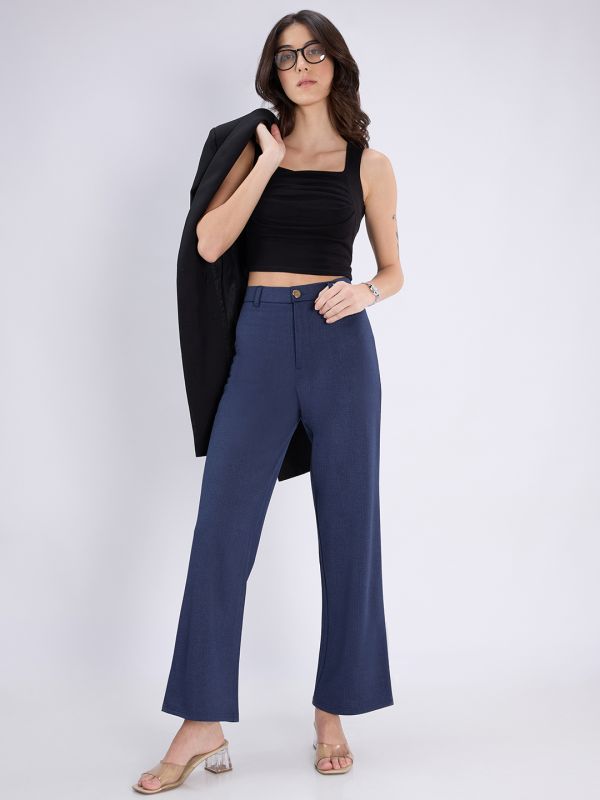 Globus Women Navy Blue Checkered Mid Rise Regular Fit Wide Leg Formal Trousers