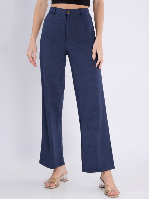 Globus Women Navy Blue Checkered Mid Rise Regular Fit Wide Leg Formal Trousers