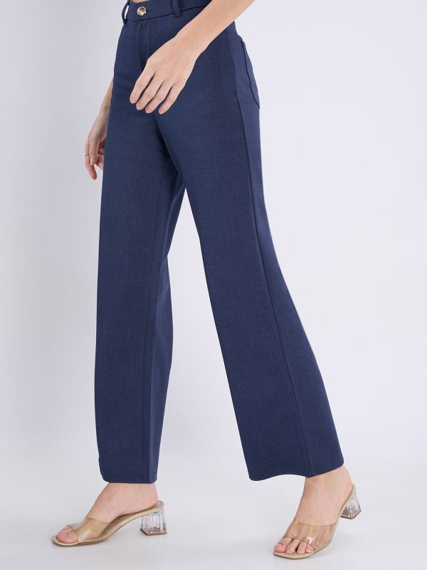 Globus Women Navy Blue Checkered Mid Rise Regular Fit Wide Leg Formal Trousers
