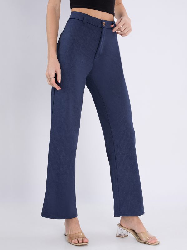 Globus Women Navy Blue Checkered Mid Rise Regular Fit Wide Leg Formal Trousers