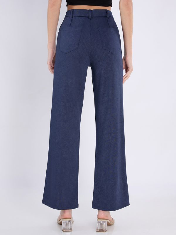 Globus Women Navy Blue Checkered Mid Rise Regular Fit Wide Leg Formal Trousers