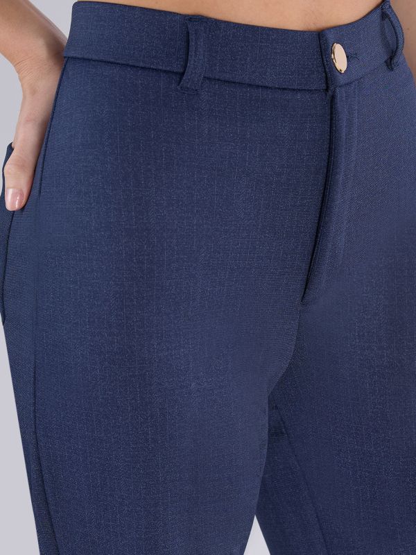 Globus Women Navy Blue Checkered Mid Rise Regular Fit Wide Leg Formal Trousers