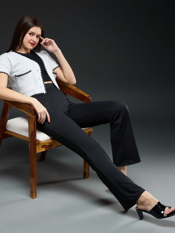 Globus Women Black Solid Mid-Rise Regular Fit Wide Leg Formal Trousers
