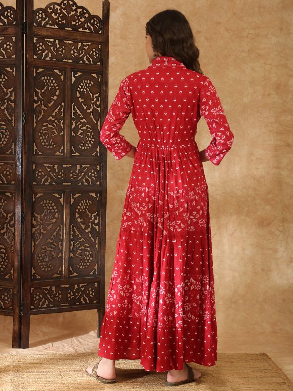 Globus Women Maroon V-Neck Floral Print Gathered Tiered Flared Hem A-Line Maxi Dress