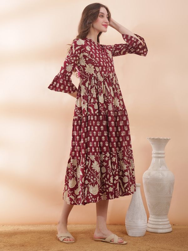 Globus Women Maroon Allover Floral Printed Mandarin Collar Pleated Tiered A-Line Midi Dress