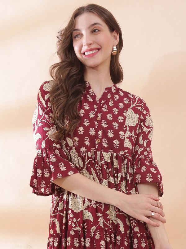 Globus Women Maroon Allover Floral Printed Mandarin Collar Pleated Tiered A-Line Midi Dress