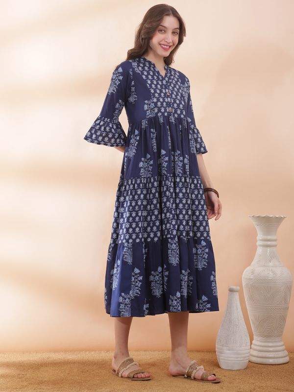 Globus Women Navy Blue Mandarin Collar Floral Print Gathered & Pleated Flared Hem A-Line Midi Dress