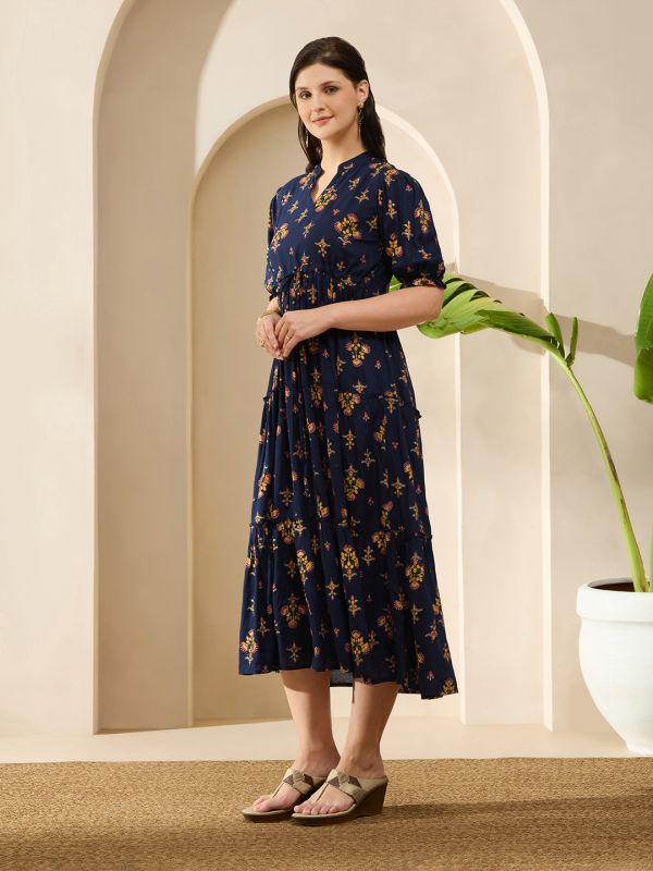 Globus Women Navy Blue Mandarin Collar Puff Sleeves Ethnic Print Waist Tie-Ups Tiered Midi A-Line Fusion Dress
