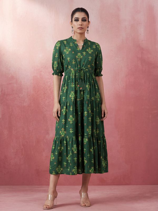 Globus Women Green Mandarin Collar Puff Sleeves Ethnic Print Waist Tie-Ups Tiered Midi A-Line Fusion Dress