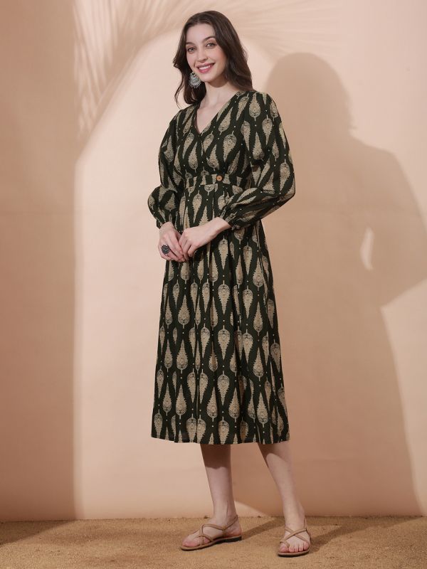 Globus Women Olive Ethnic Print Wrap V-Neck Bishop Sleeves Smocked Detail Fit & Flare Midi Dress