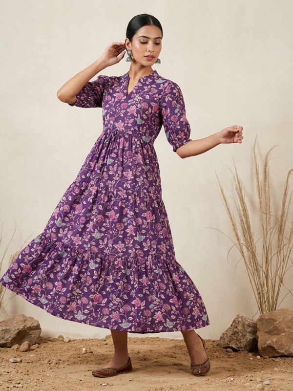 Globus Women Purple Mandarin Collar Puff Sleeves Floral Print Waist Tie-Ups Tiered Midi A-Line Fusion Dress
