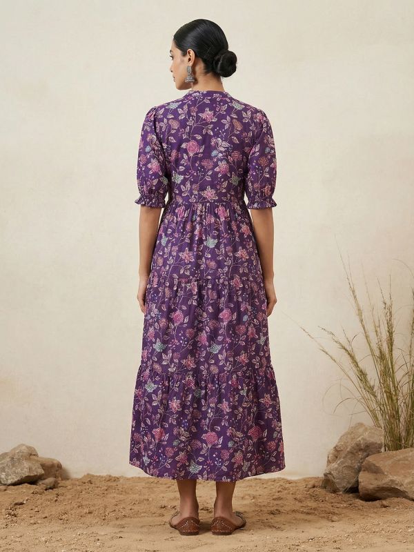 Globus Women Purple Mandarin Collar Puff Sleeves Floral Print Waist Tie-Ups Tiered Midi A-Line Fusion Dress