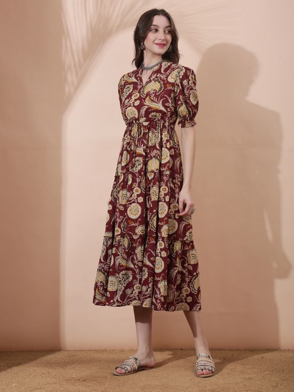 Globus Women Maroon Allover Floral Printed Mandarin Collar Puff Sleeves Waist Tie-Ups Tiered A-Line Midi Dress