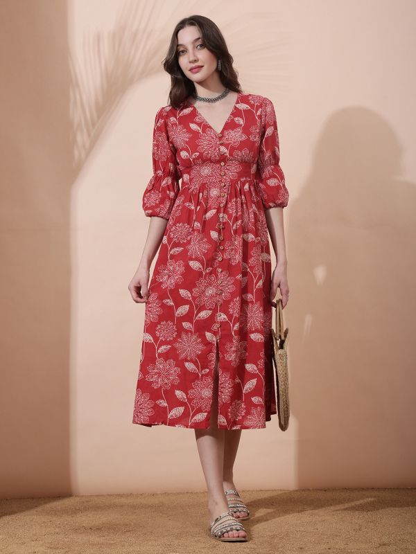 Globus Women Red Allover Floral Printed V-Neck Bishop Sleeves Smocked Pleated Fit & Flare Midi Dress