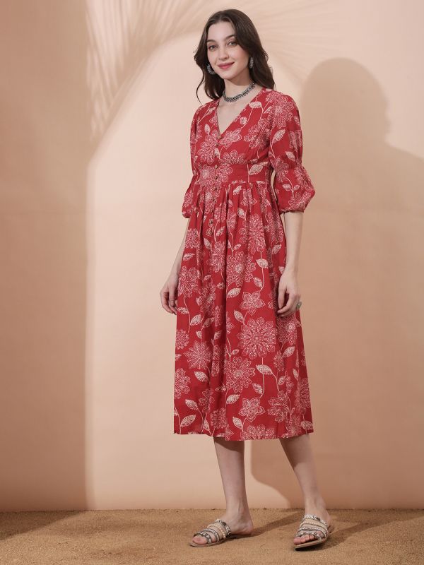 Globus Women Red Allover Floral Printed V-Neck Bishop Sleeves Smocked Pleated Fit & Flare Midi Dress