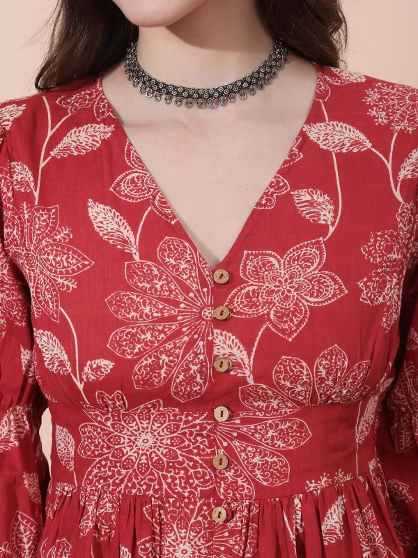 Globus Women Red Allover Floral Printed V-Neck Bishop Sleeves Smocked Pleated Fit & Flare Midi Dress