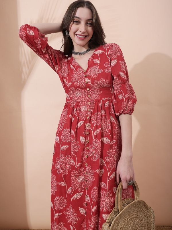 Globus Women Red Allover Floral Printed V-Neck Bishop Sleeves Smocked Pleated Fit & Flare Midi Dress