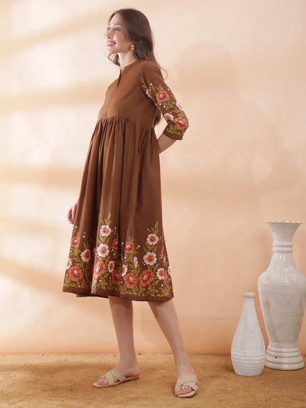 Globus Women Brown Mandarin Collar Floral Print Gathered & Pleated Flared Hem A-Line Midi Dress