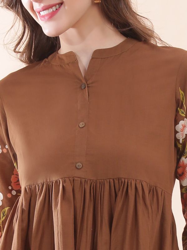 Globus Women Brown Mandarin Collar Floral Print Gathered & Pleated Flared Hem A-Line Midi Dress