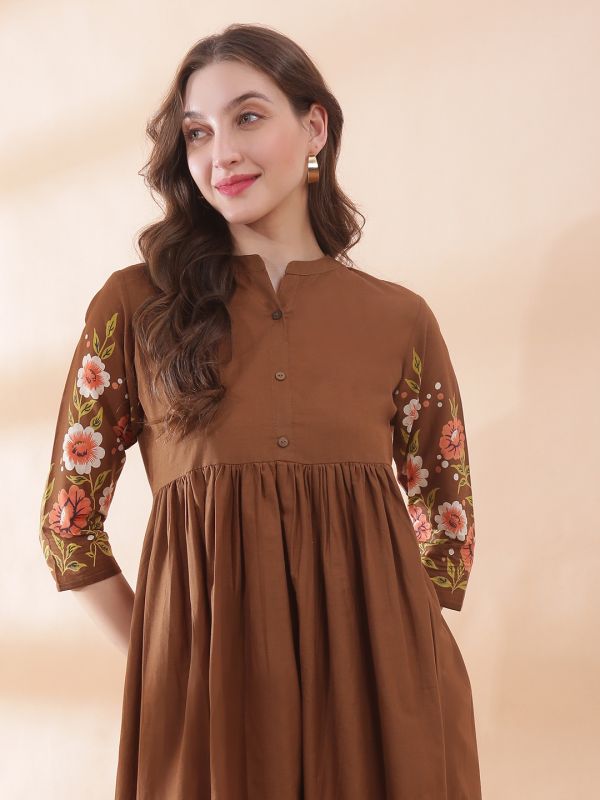 Globus Women Brown Mandarin Collar Floral Print Gathered & Pleated Flared Hem A-Line Midi Dress